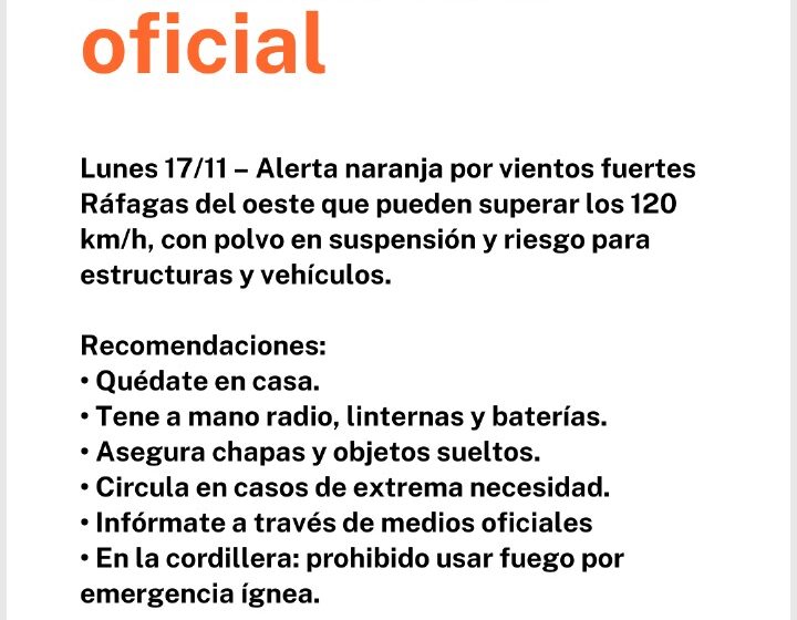  Ante alerta naranja por vientos, Provincia determinó la suspensión de clases este lunes en cuatro regiones de la provincia