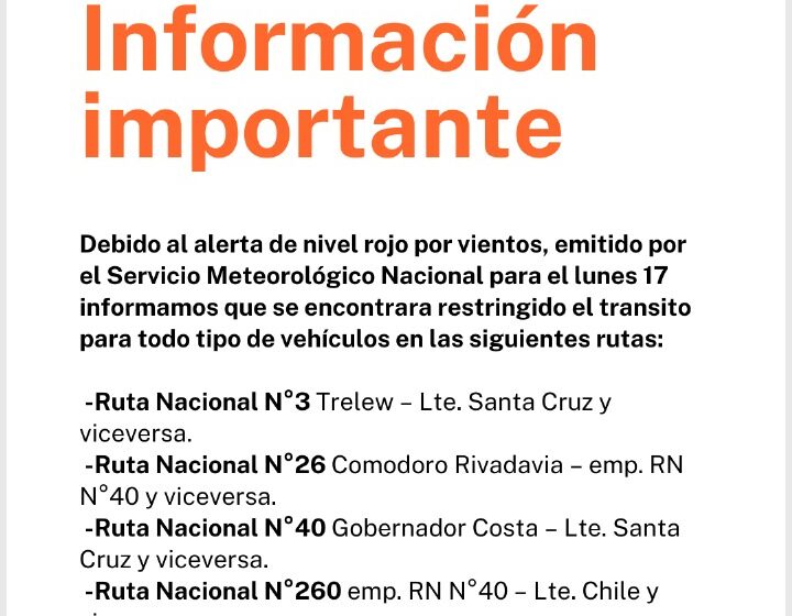  ALERTA ROJA por viento fuerte se restringe la circulación en rutas de la provincia del Chubut
