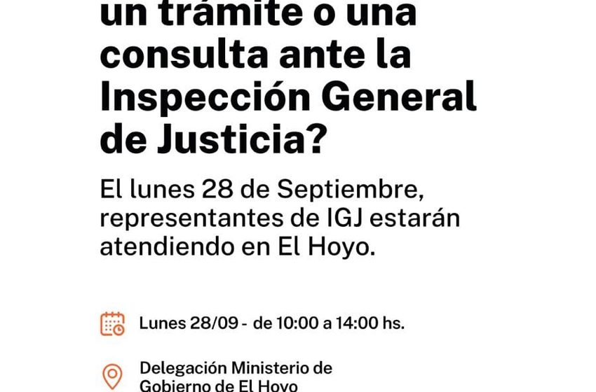  La Inspección General de Justicia brindará atención presencial en El Hoyo